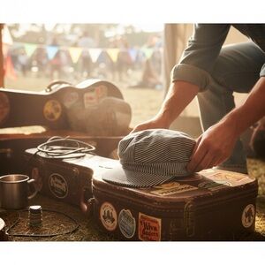 Vintage MCM Navy & White Railroad Cap Engineer Hat Cotton Classic Hickory Stripe